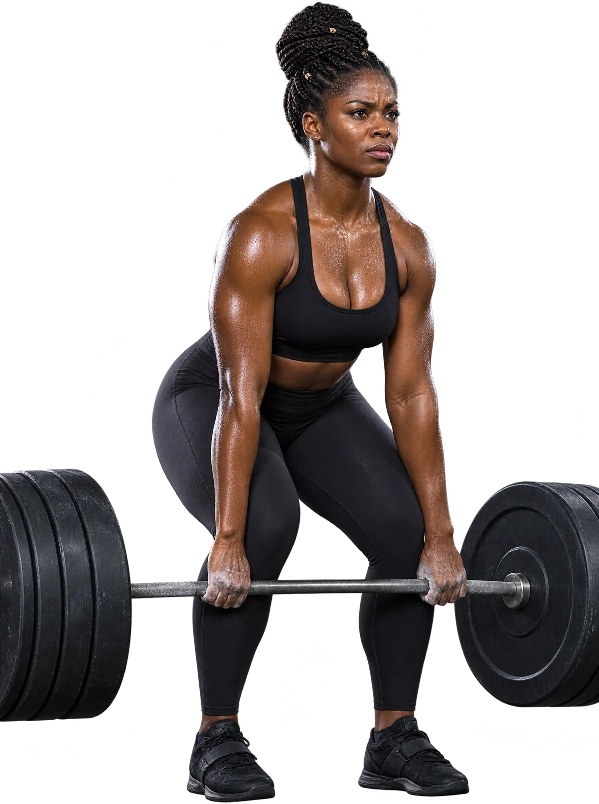 A Ghanaian woman mid-deadlift, gripping a loaded barbell, sweat and chalk on her hands